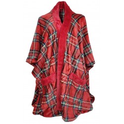 Vestaglia Poncho Mantella in pile donna Invernale scozzese tartan rosso