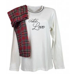 Pigiama Casa donna girocollo caldo cotone Invernale Love scozzese tartan rosso