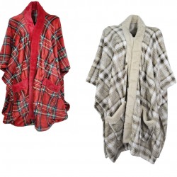 Vestaglia Poncho Mantella in pile donna Invernale scozzese tartan rosso